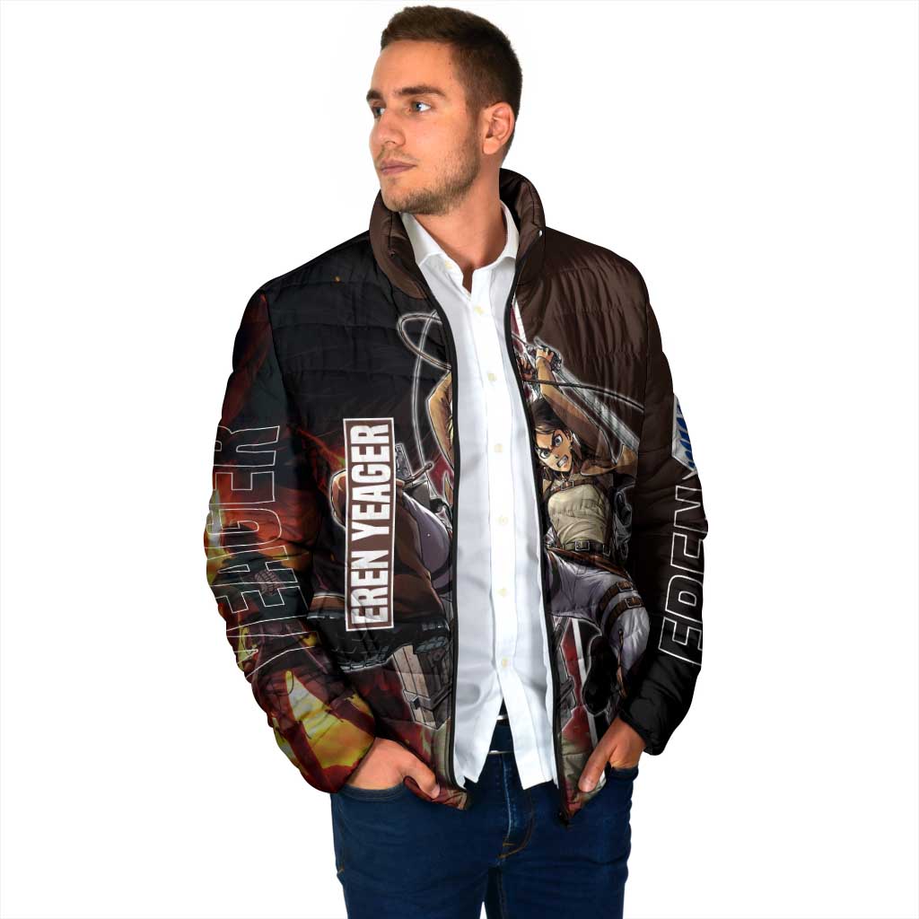 Eren Yeager from Attack on Titan Padded Jacket with Action Poses and Fiery Background Design - The Mazicc