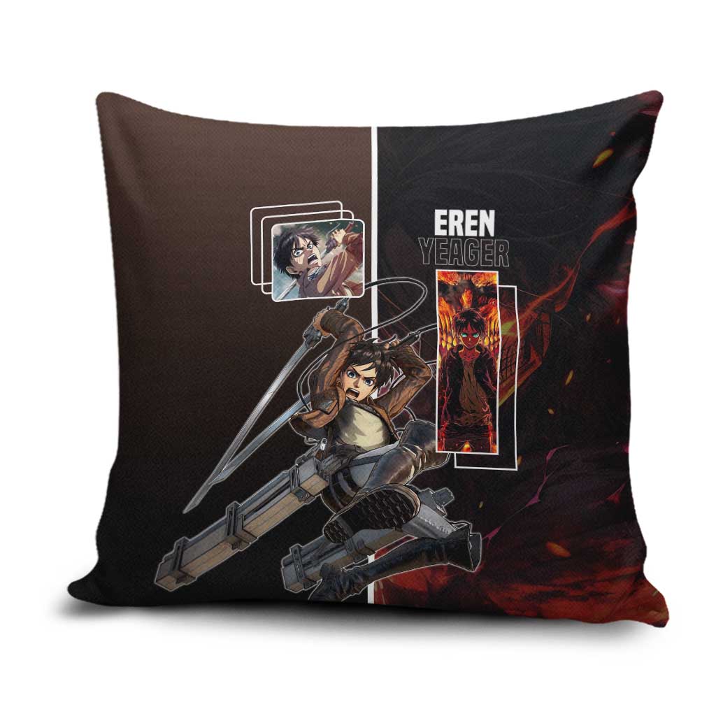 Eren Yeager from Attack on Titan Pillow Cover with Action Poses and Fiery Background Design - The Mazicc