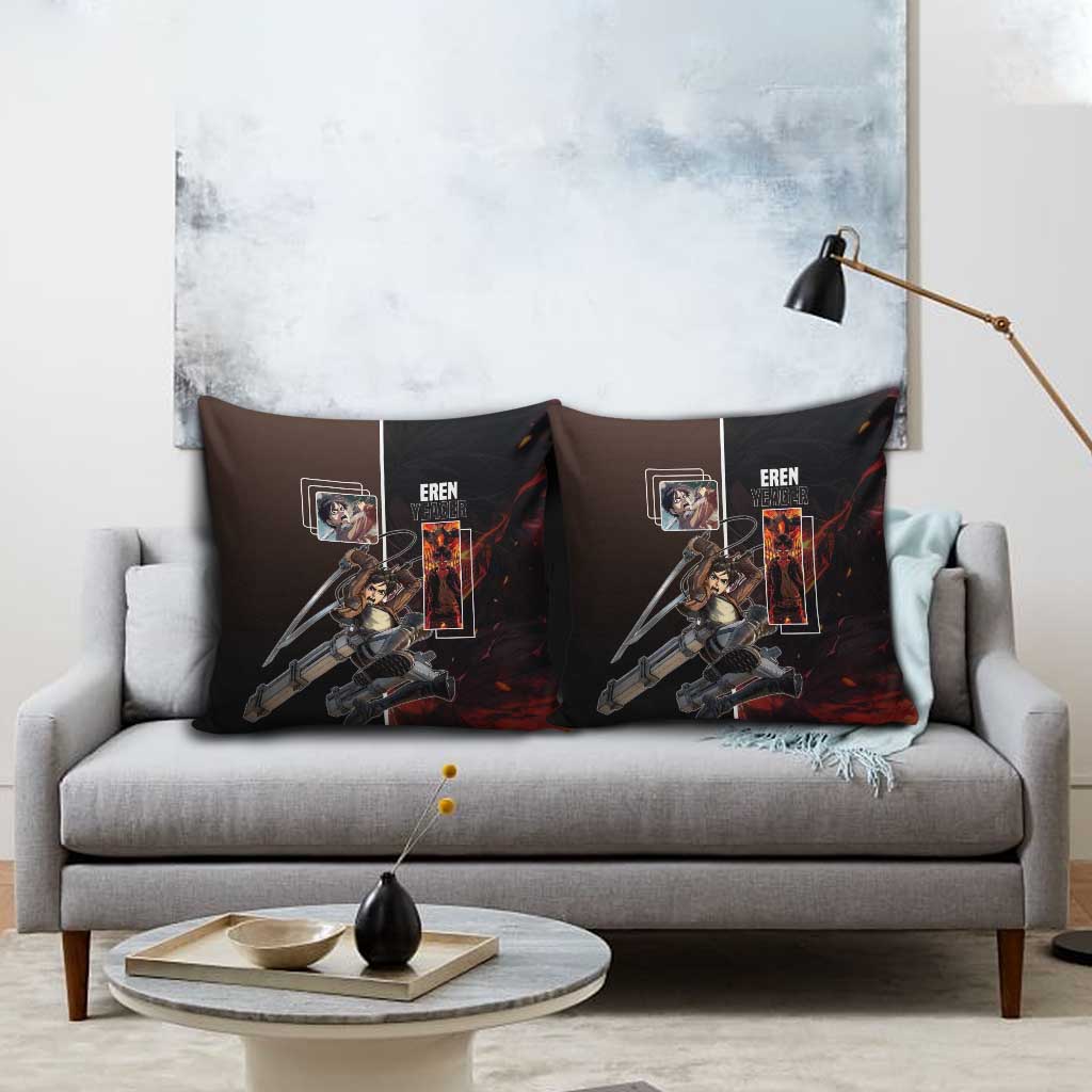 Eren Yeager from Attack on Titan Pillow Cover with Action Poses and Fiery Background Design - The Mazicc
