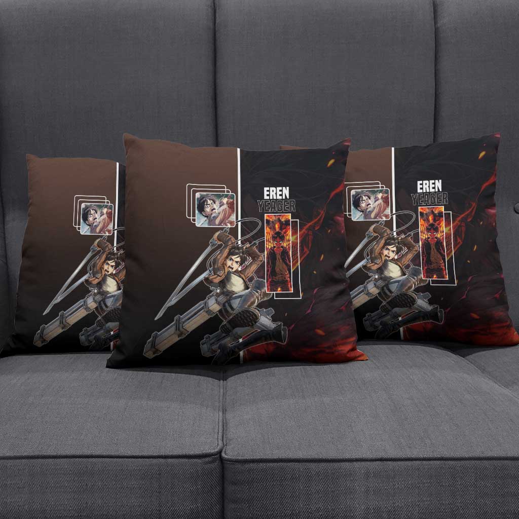 Eren Yeager from Attack on Titan Pillow Cover with Action Poses and Fiery Background Design - The Mazicc