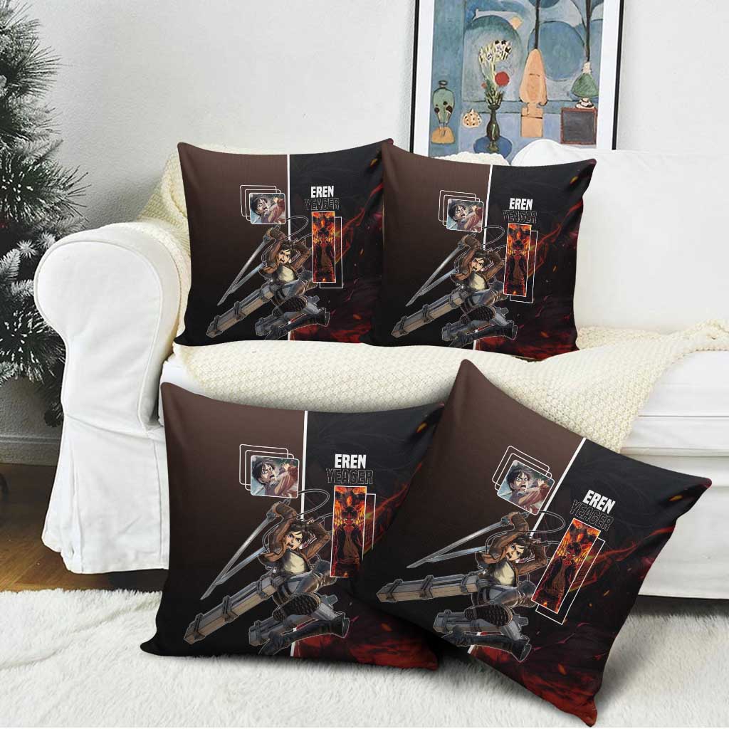 Eren Yeager from Attack on Titan Pillow Cover with Action Poses and Fiery Background Design - The Mazicc