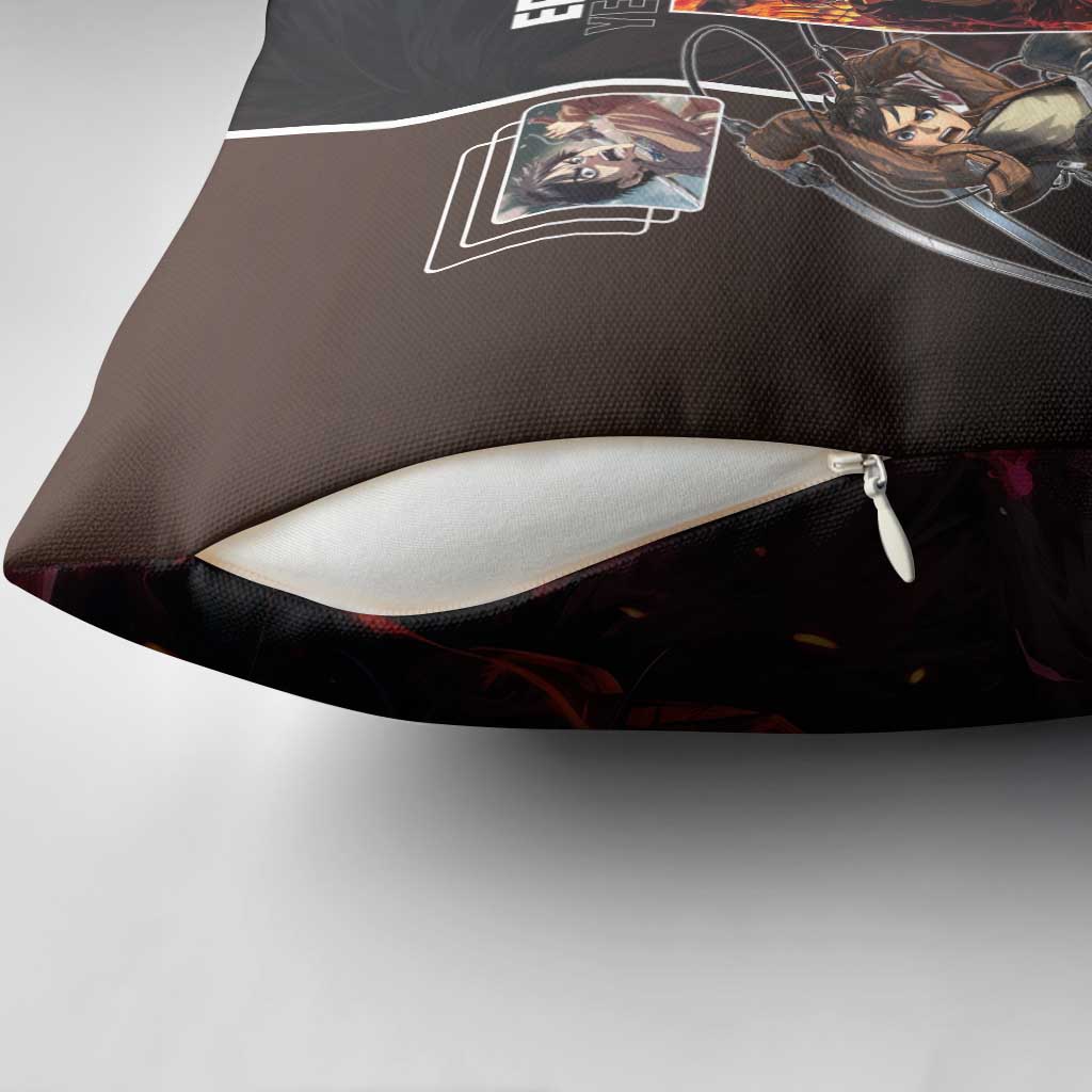Eren Yeager from Attack on Titan Pillow Cover with Action Poses and Fiery Background Design - The Mazicc