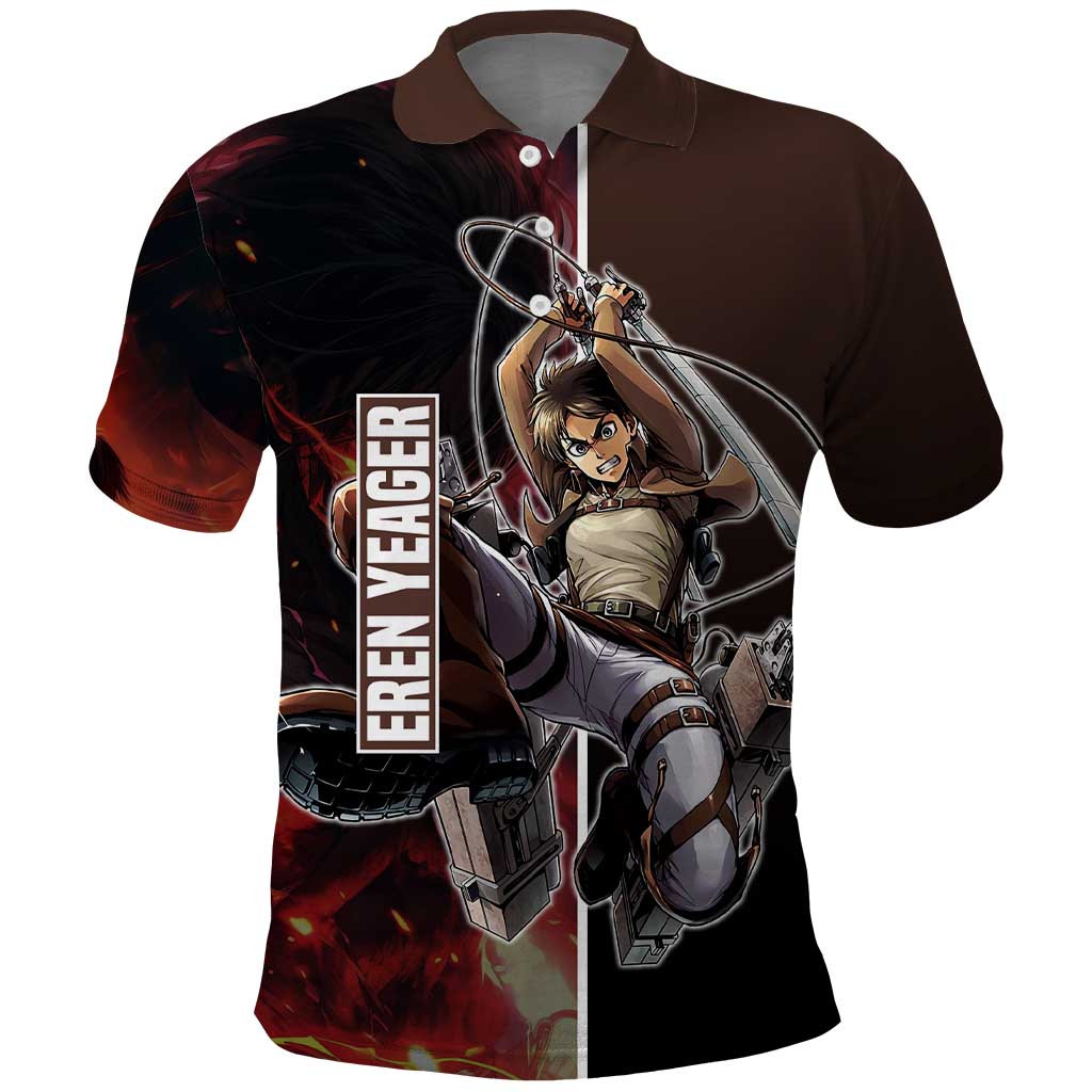 Eren Yeager from Attack on Titan Polo Shirt with Action Poses and Fiery Background Design - The Mazicc