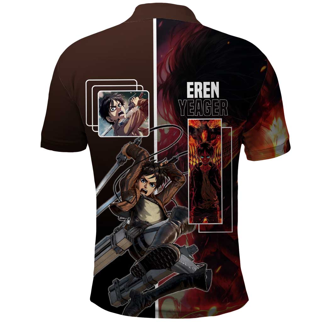 Eren Yeager from Attack on Titan Polo Shirt with Action Poses and Fiery Background Design - The Mazicc