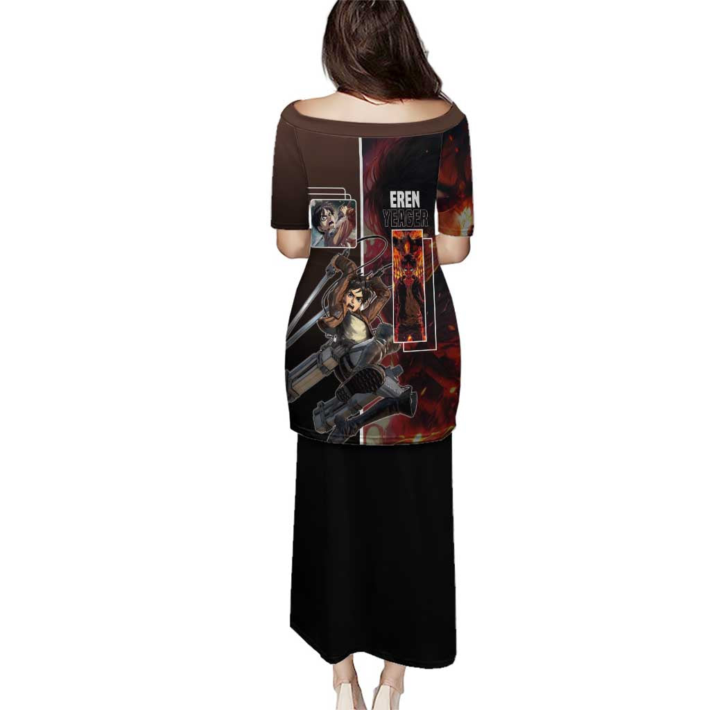 Eren Yeager from Attack on Titan Puletasi with Action Poses and Fiery Background Design - The Mazicc