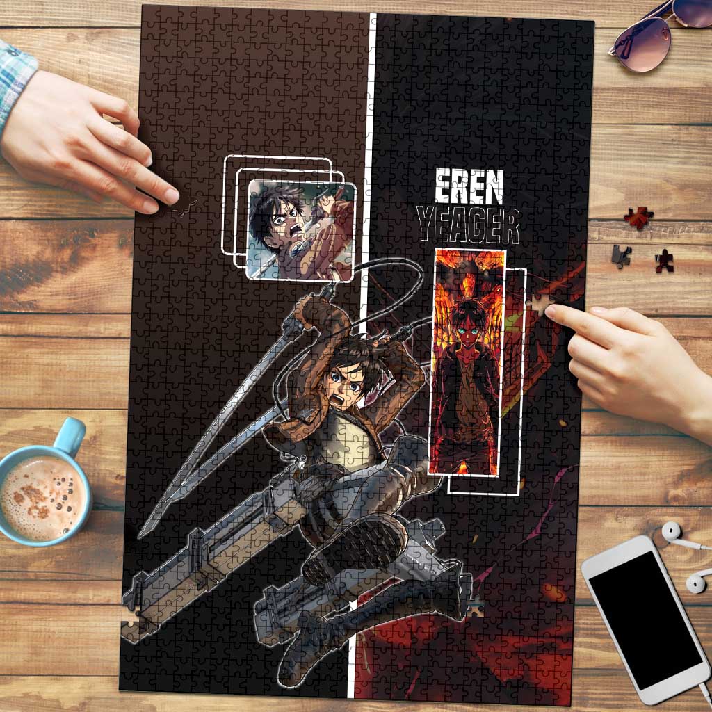 Eren Yeager from Attack on Titan Puzzle with Action Poses and Fiery Background Design - The Mazicc