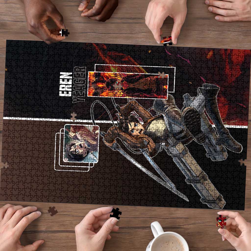Eren Yeager from Attack on Titan Puzzle with Action Poses and Fiery Background Design - The Mazicc
