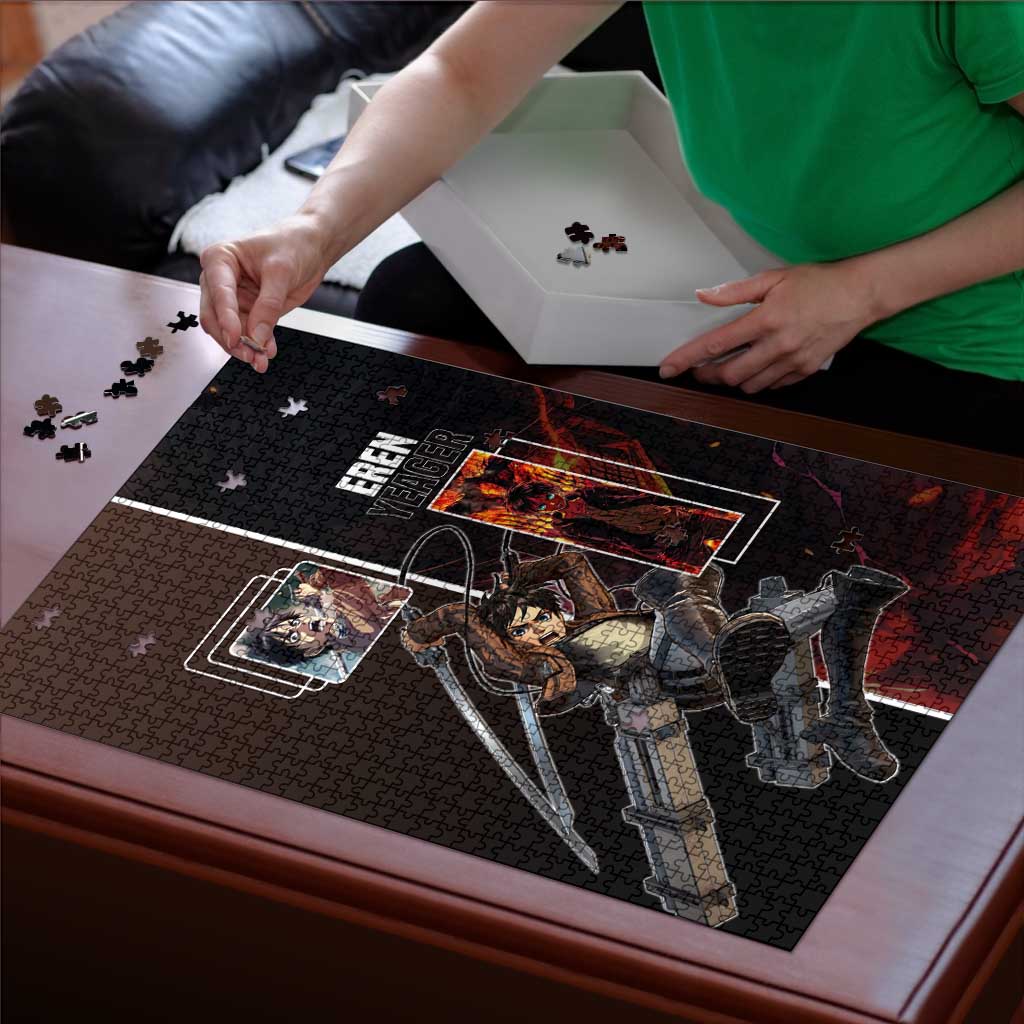 Eren Yeager from Attack on Titan Puzzle with Action Poses and Fiery Background Design - The Mazicc