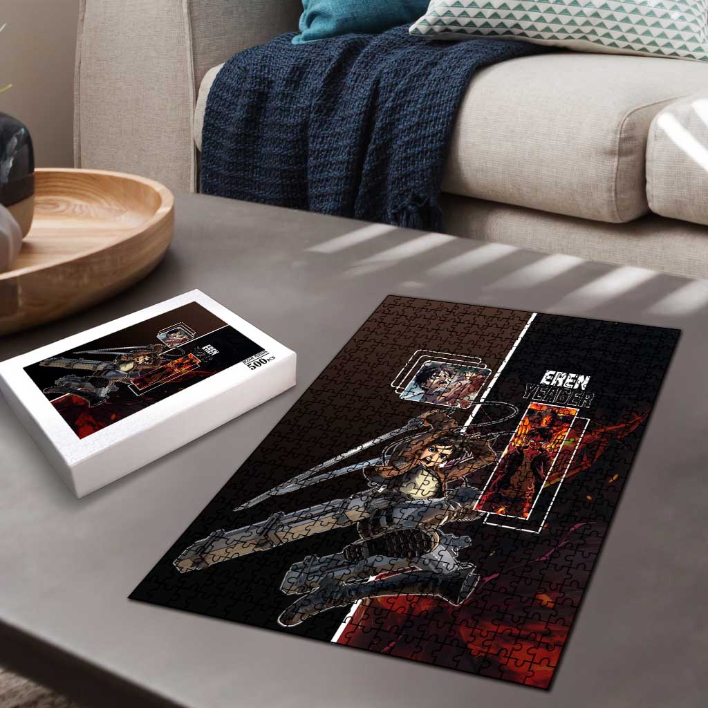 Eren Yeager from Attack on Titan Puzzle with Action Poses and Fiery Background Design - The Mazicc