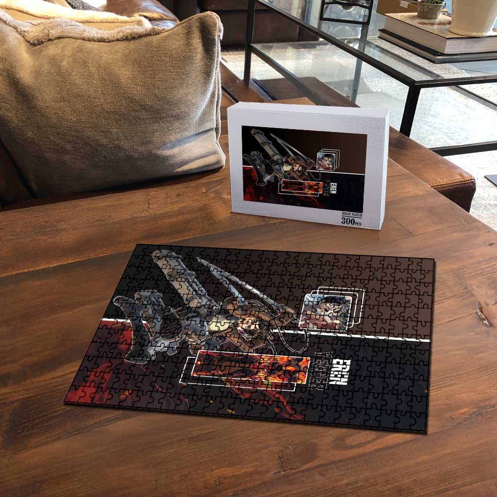 Eren Yeager from Attack on Titan Puzzle with Action Poses and Fiery Background Design - The Mazicc