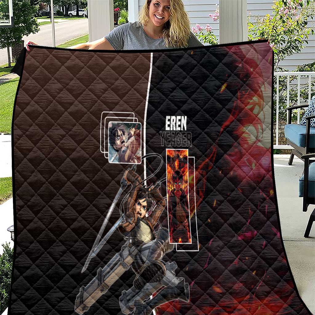 Eren Yeager from Attack on Titan Quilt with Action Poses and Fiery Background Design - The Mazicc