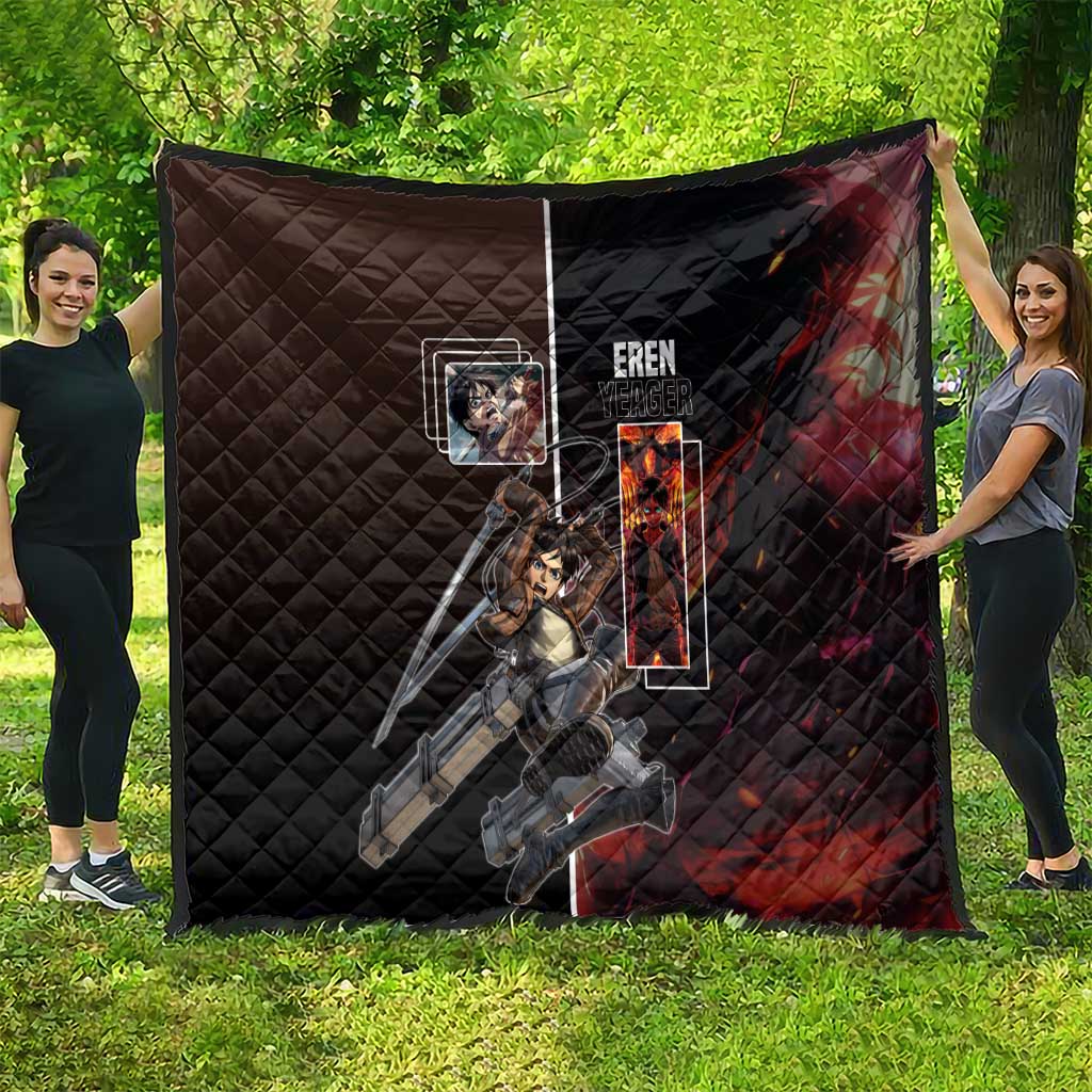 Eren Yeager from Attack on Titan Quilt with Action Poses and Fiery Background Design - The Mazicc