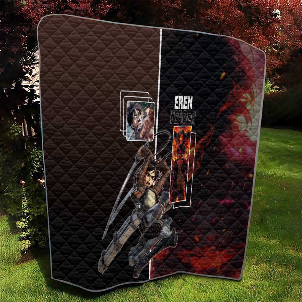 Eren Yeager from Attack on Titan Quilt with Action Poses and Fiery Background Design - The Mazicc