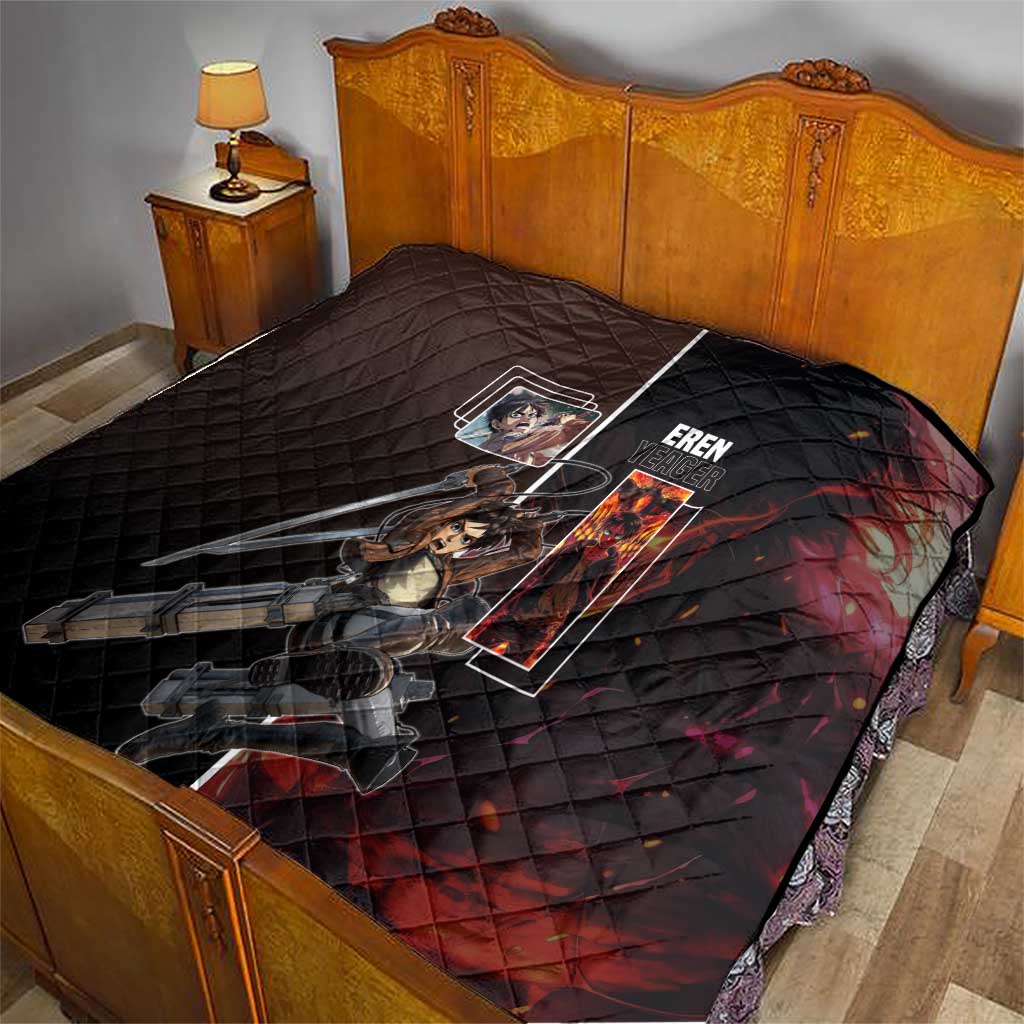 Eren Yeager from Attack on Titan Quilt with Action Poses and Fiery Background Design - The Mazicc