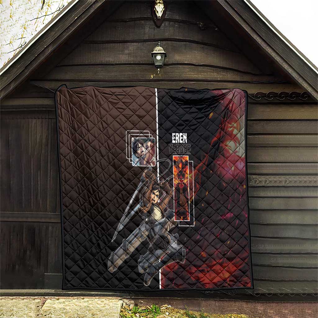 Eren Yeager from Attack on Titan Quilt with Action Poses and Fiery Background Design - The Mazicc