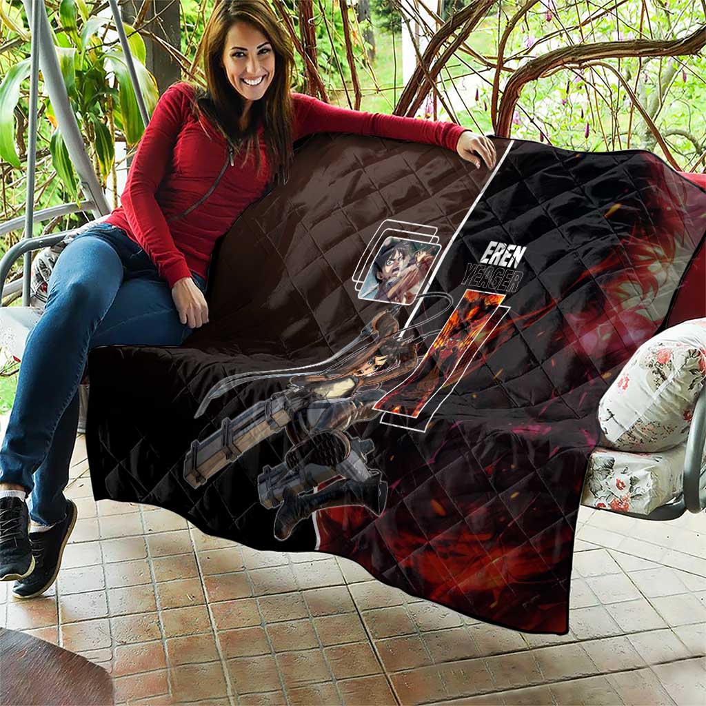 Eren Yeager from Attack on Titan Quilt with Action Poses and Fiery Background Design - The Mazicc