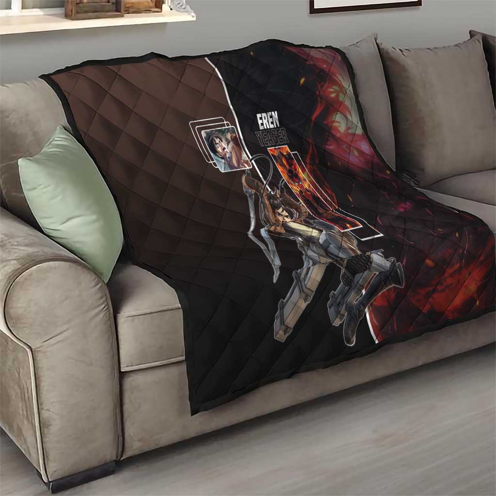 Eren Yeager from Attack on Titan Quilt with Action Poses and Fiery Background Design - The Mazicc
