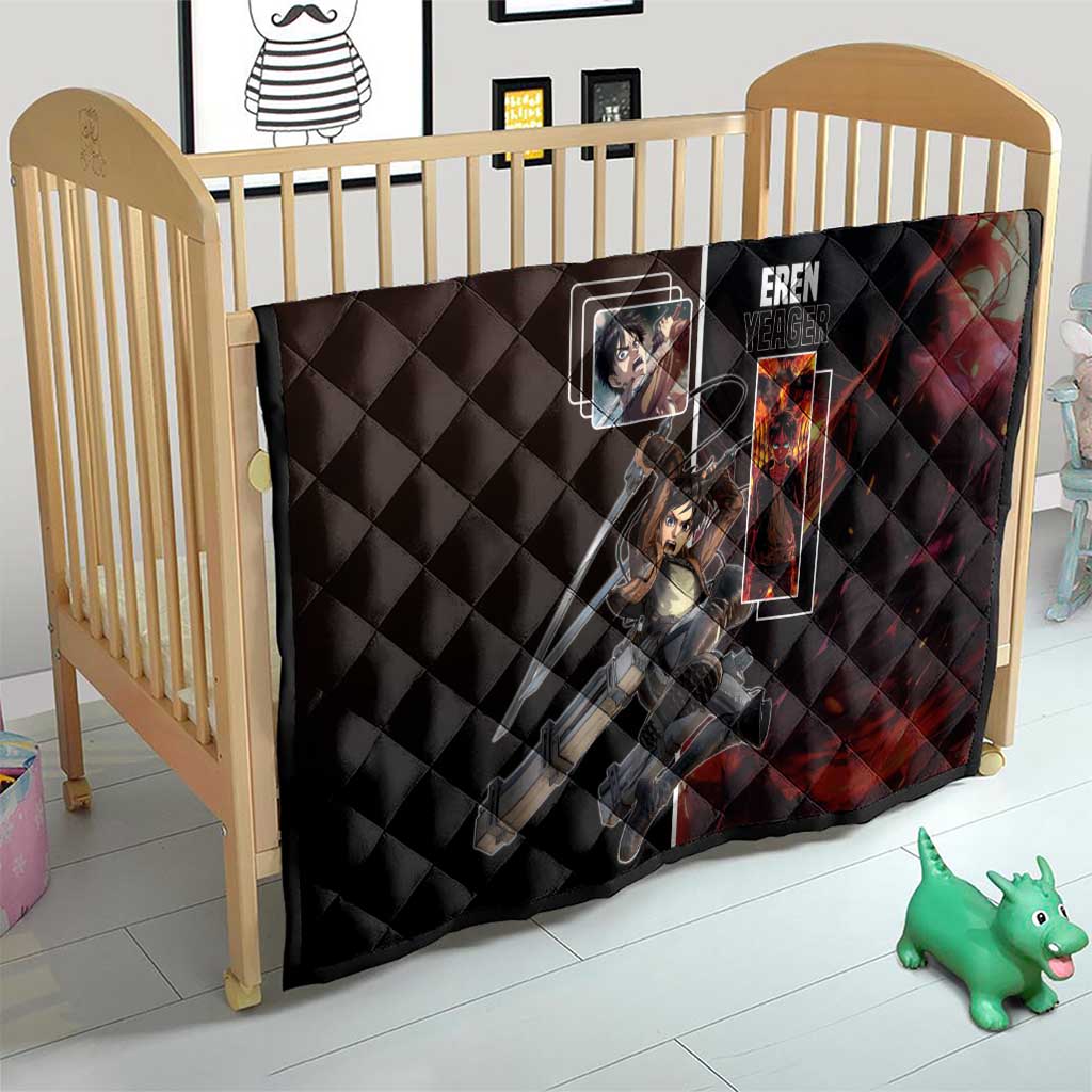 Eren Yeager from Attack on Titan Quilt with Action Poses and Fiery Background Design - The Mazicc