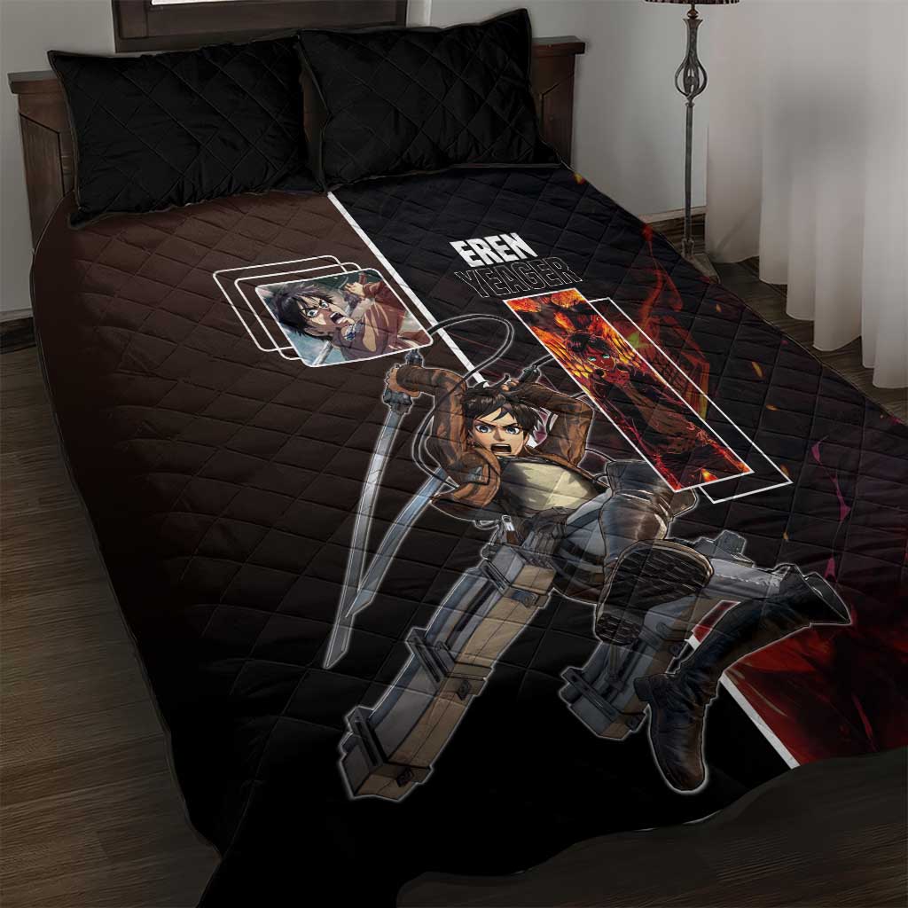 Eren Yeager from Attack on Titan Quilt Bed Set with Action Poses and Fiery Background Design - The Mazicc