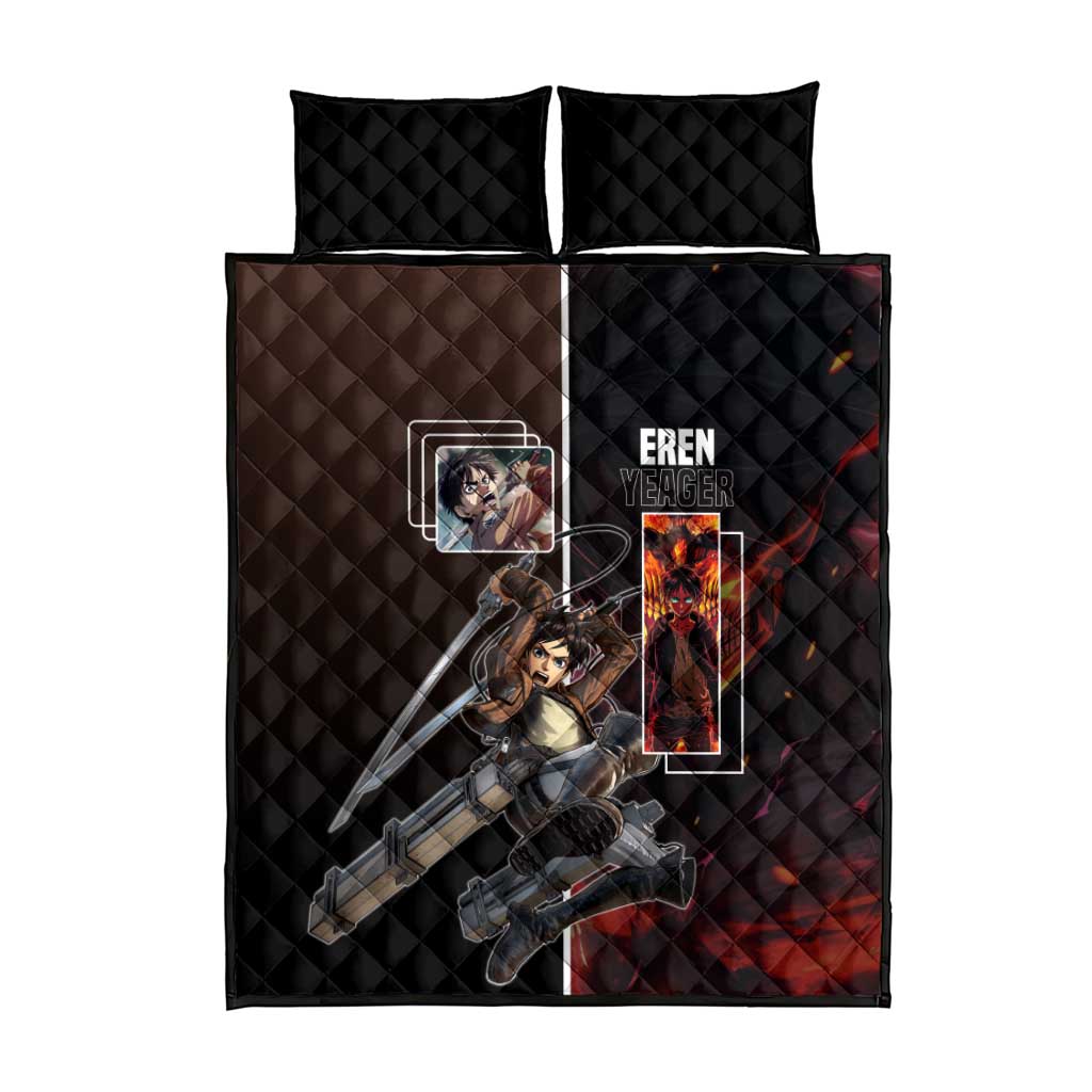 Eren Yeager from Attack on Titan Quilt Bed Set with Action Poses and Fiery Background Design - The Mazicc