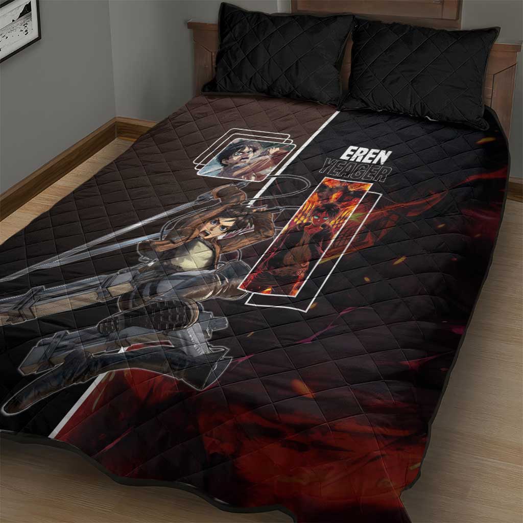 Eren Yeager from Attack on Titan Quilt Bed Set with Action Poses and Fiery Background Design - The Mazicc