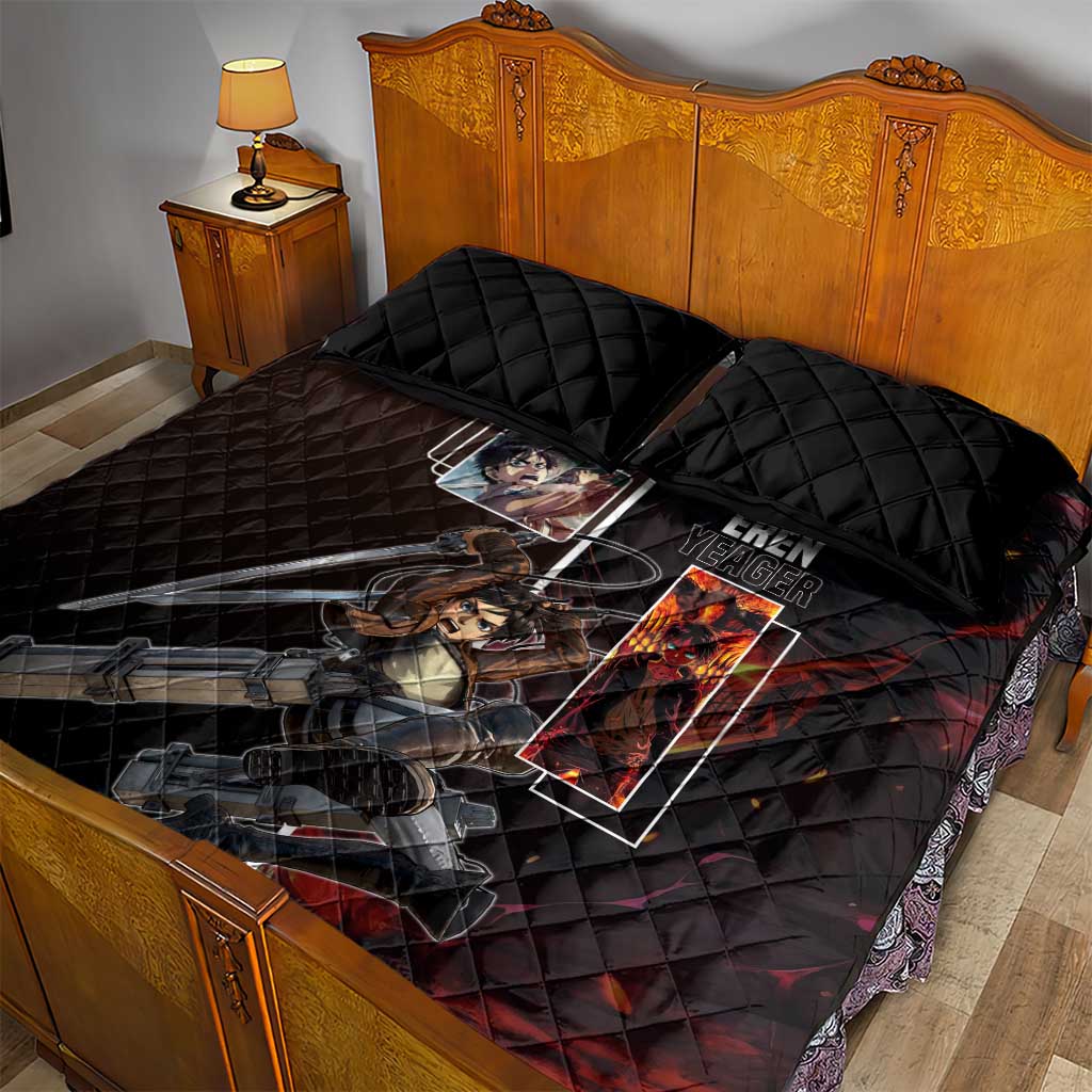 Eren Yeager from Attack on Titan Quilt Bed Set with Action Poses and Fiery Background Design - The Mazicc