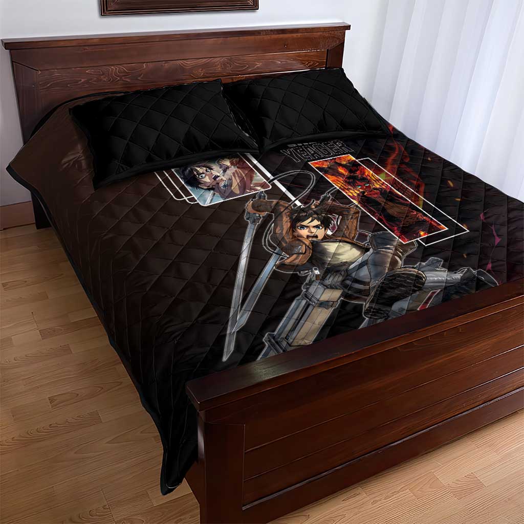 Eren Yeager from Attack on Titan Quilt Bed Set with Action Poses and Fiery Background Design - The Mazicc