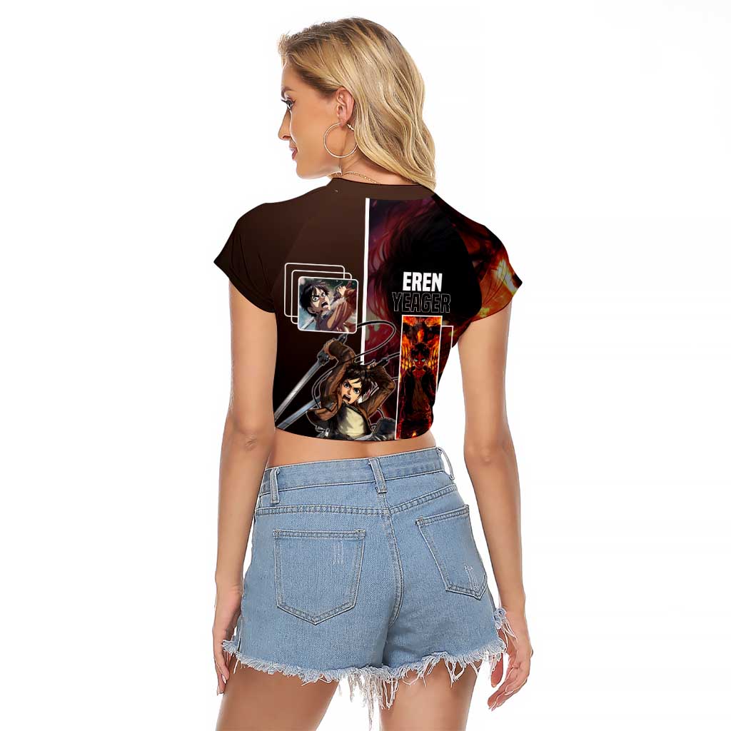 Eren Yeager from Attack on Titan Raglan Cropped T Shirt with Action Poses and Fiery Background Design - The Mazicc