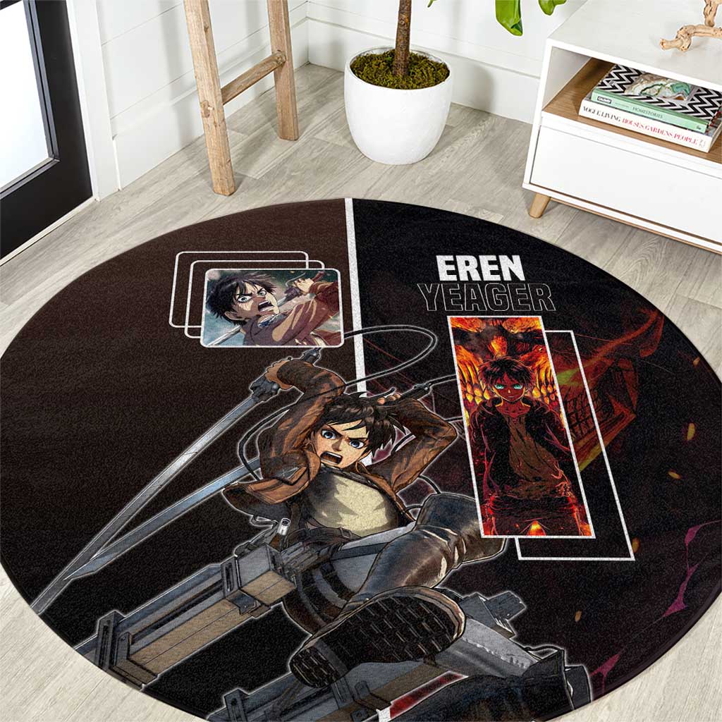 Eren Yeager from Attack on Titan Round Carpet with Action Poses and Fiery Background Design - The Mazicc