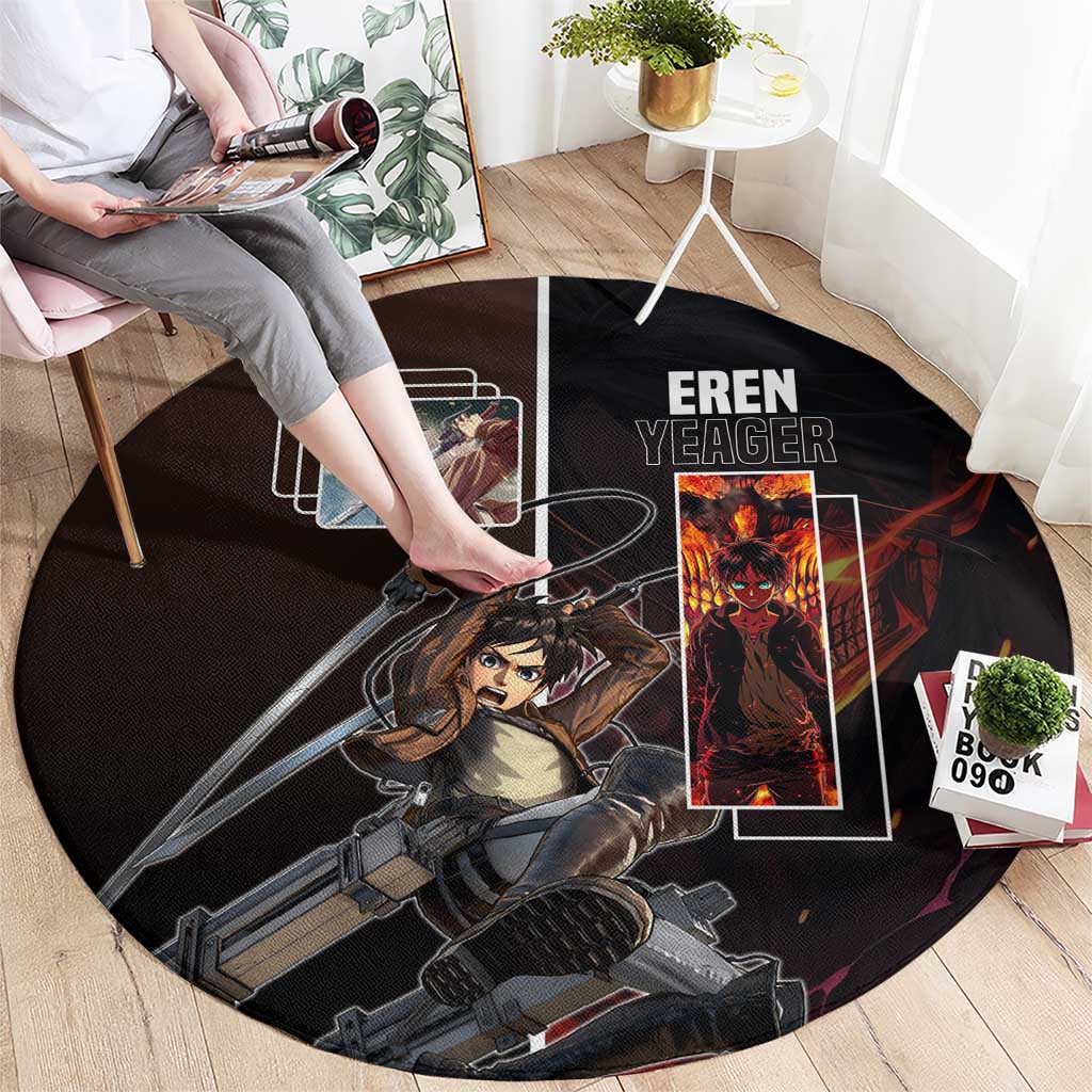 Eren Yeager from Attack on Titan Round Carpet with Action Poses and Fiery Background Design - The Mazicc