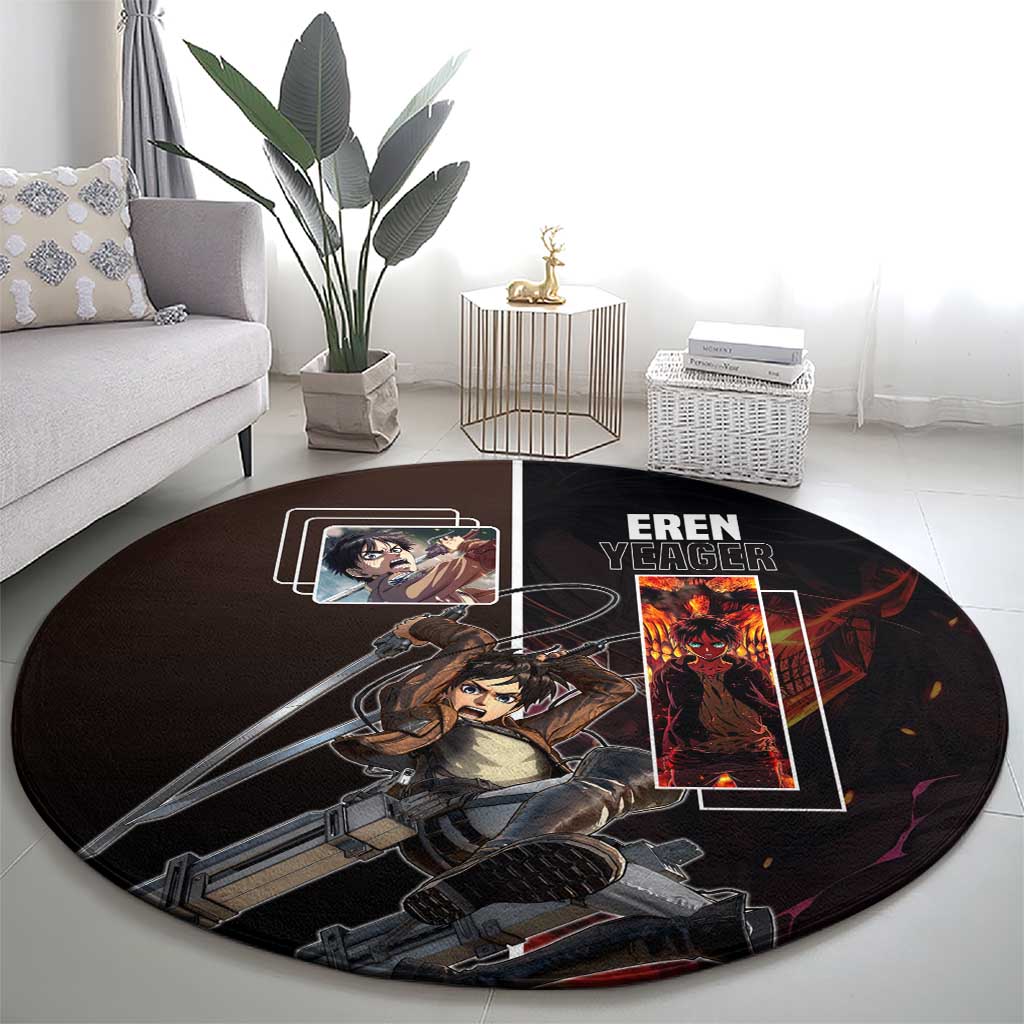 Eren Yeager from Attack on Titan Round Carpet with Action Poses and Fiery Background Design - The Mazicc