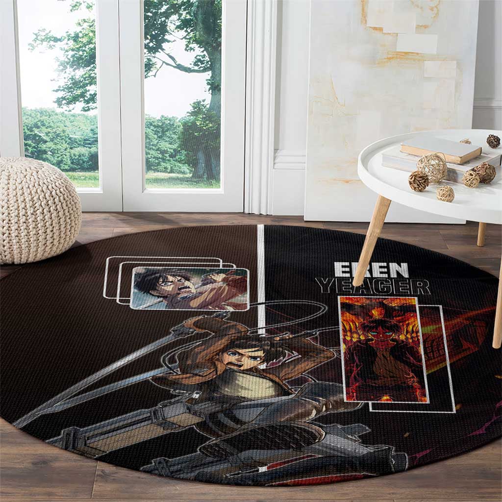 Eren Yeager from Attack on Titan Round Carpet with Action Poses and Fiery Background Design - The Mazicc