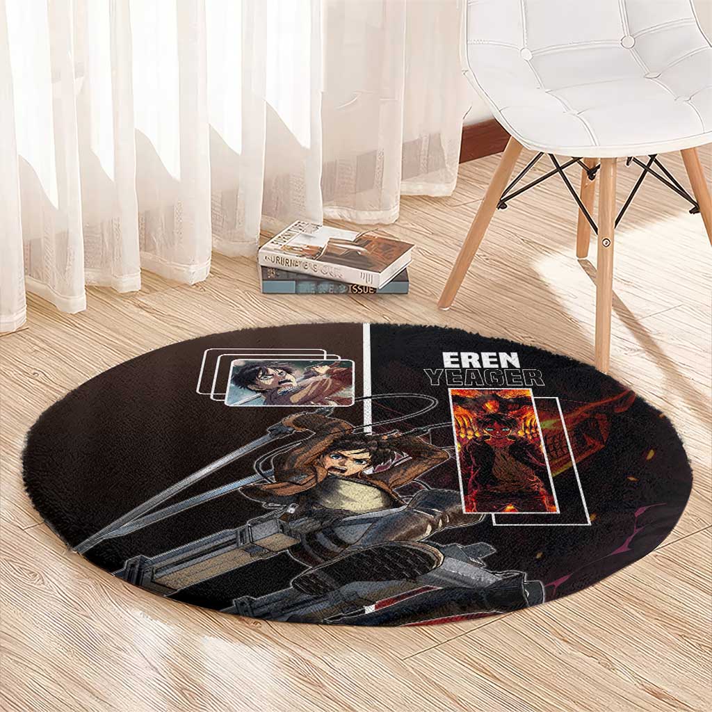 Eren Yeager from Attack on Titan Round Carpet with Action Poses and Fiery Background Design - The Mazicc