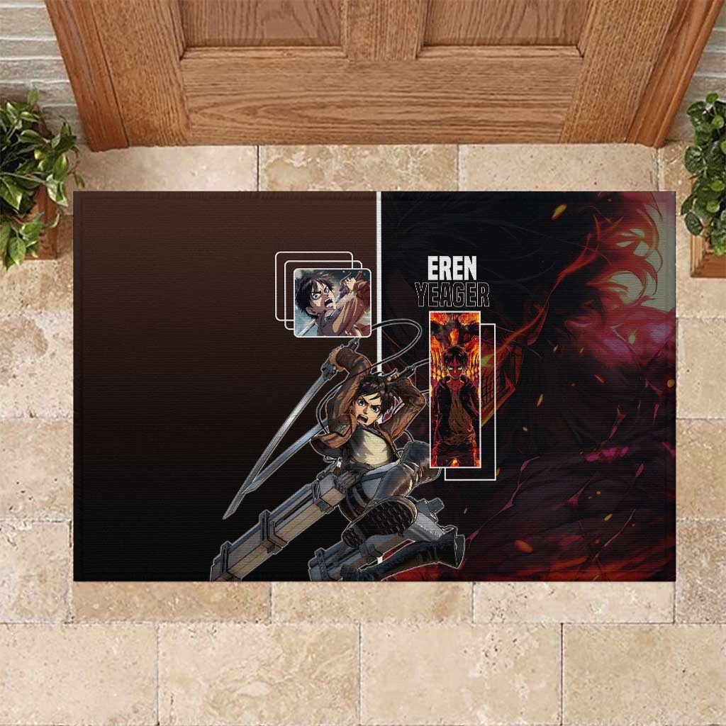 Eren Yeager from Attack on Titan Rubber Doormat with Action Poses and Fiery Background Design - The Mazicc