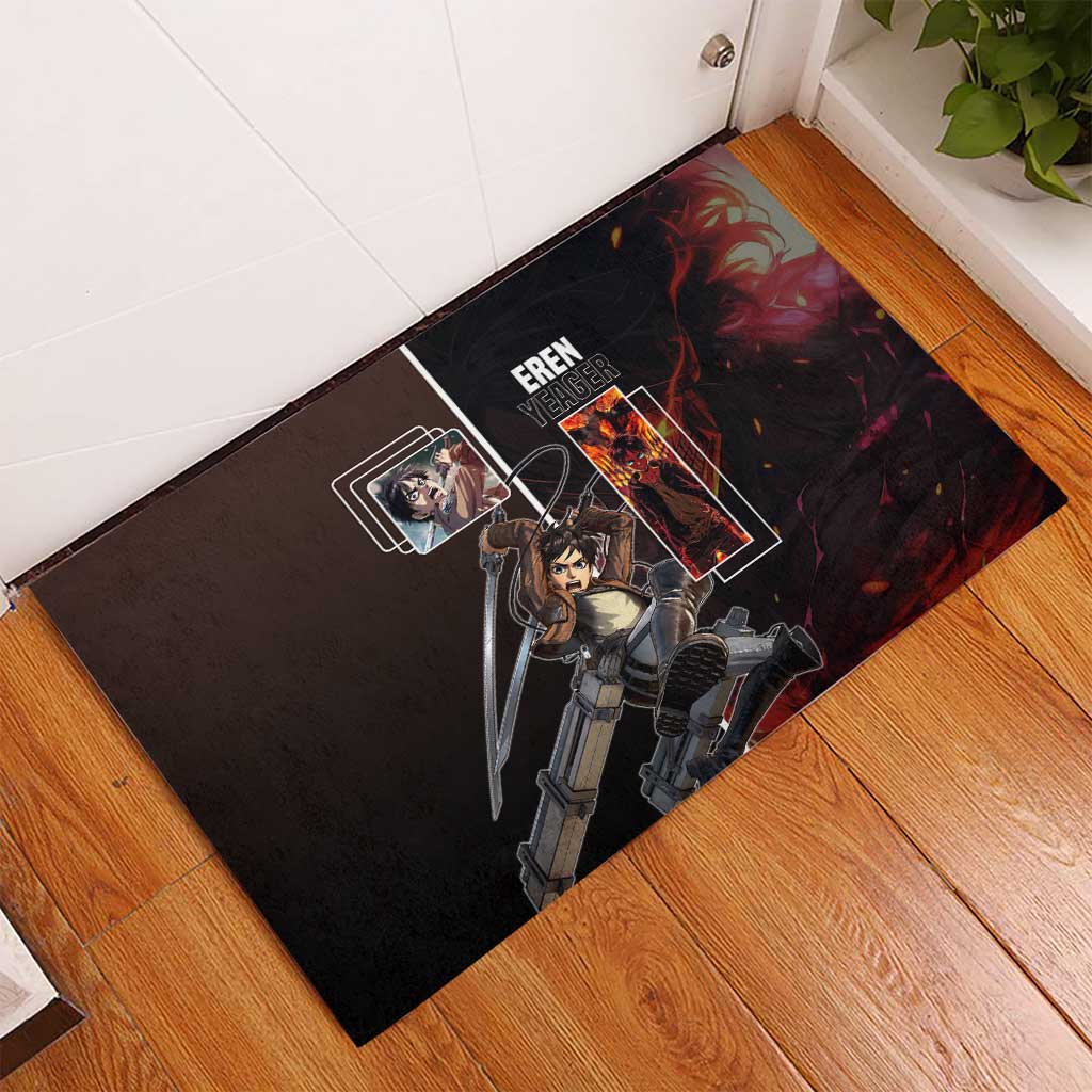 Eren Yeager from Attack on Titan Rubber Doormat with Action Poses and Fiery Background Design - The Mazicc