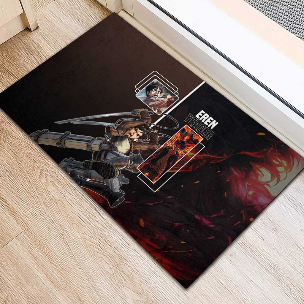 Eren Yeager from Attack on Titan Rubber Doormat with Action Poses and Fiery Background Design - The Mazicc