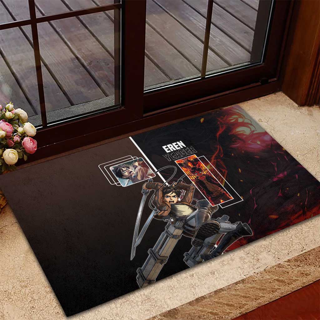 Eren Yeager from Attack on Titan Rubber Doormat with Action Poses and Fiery Background Design - The Mazicc