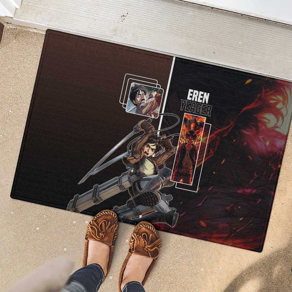 Eren Yeager from Attack on Titan Rubber Doormat with Action Poses and Fiery Background Design - The Mazicc