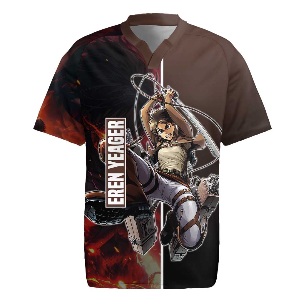 Eren Yeager from Attack on Titan Rugby Jersey with Action Poses and Fiery Background Design - The Mazicc