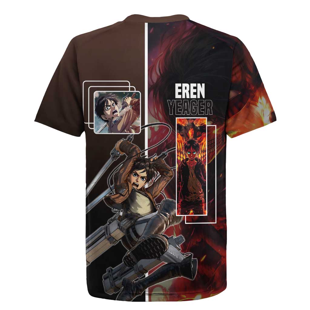 Eren Yeager from Attack on Titan Rugby Jersey with Action Poses and Fiery Background Design - The Mazicc