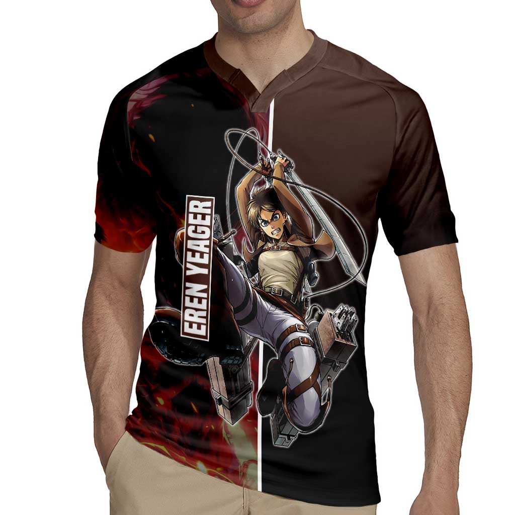 Eren Yeager from Attack on Titan Rugby Jersey with Action Poses and Fiery Background Design - The Mazicc