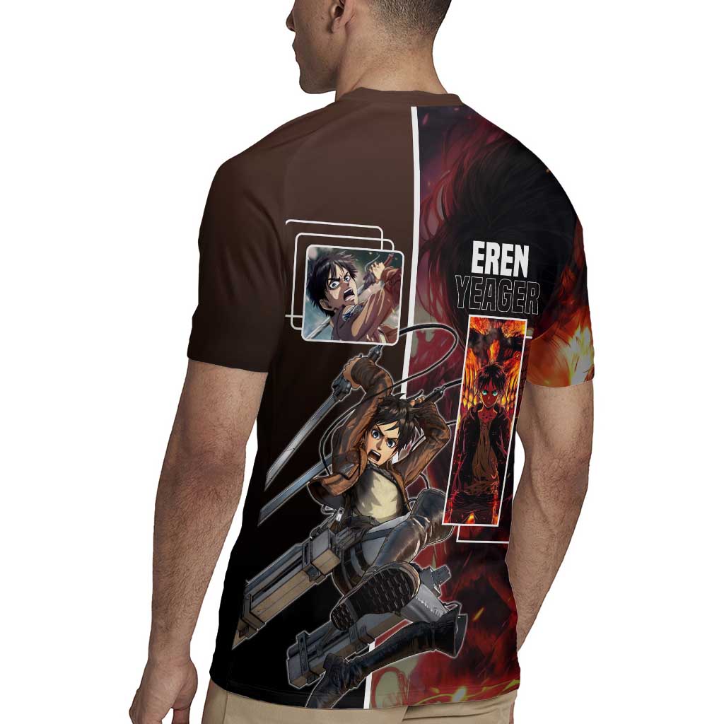 Eren Yeager from Attack on Titan Rugby Jersey with Action Poses and Fiery Background Design - The Mazicc