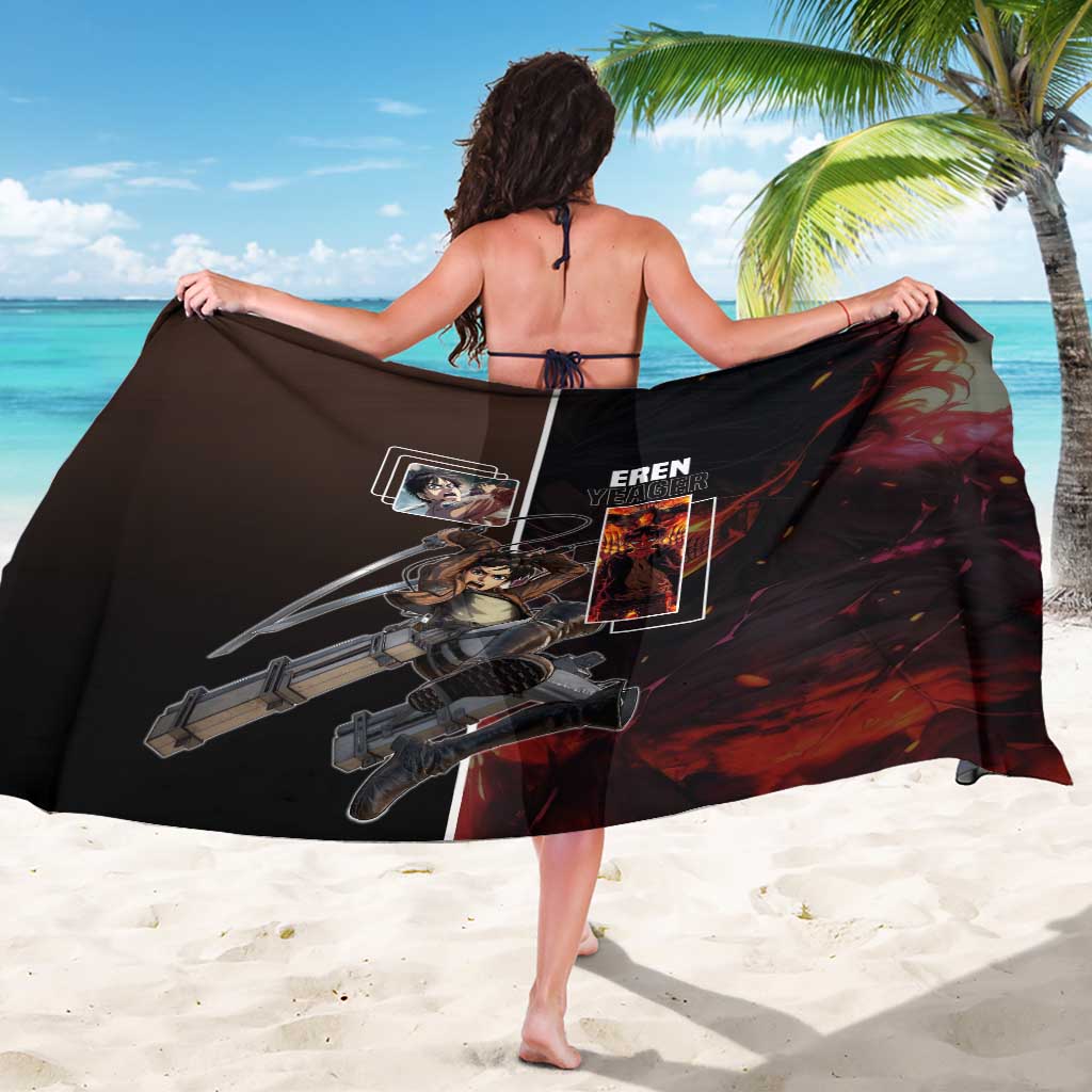 Eren Yeager from Attack on Titan Sarong with Action Poses and Fiery Background Design - The Mazicc