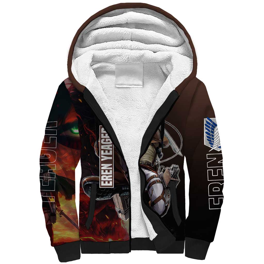 Eren Yeager from Attack on Titan Sherpa Hoodie with Action Poses and Fiery Background Design - The Mazicc