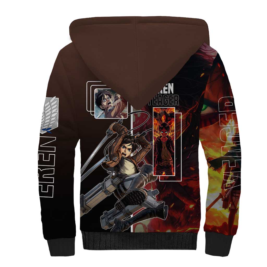 Eren Yeager from Attack on Titan Sherpa Hoodie with Action Poses and Fiery Background Design - The Mazicc