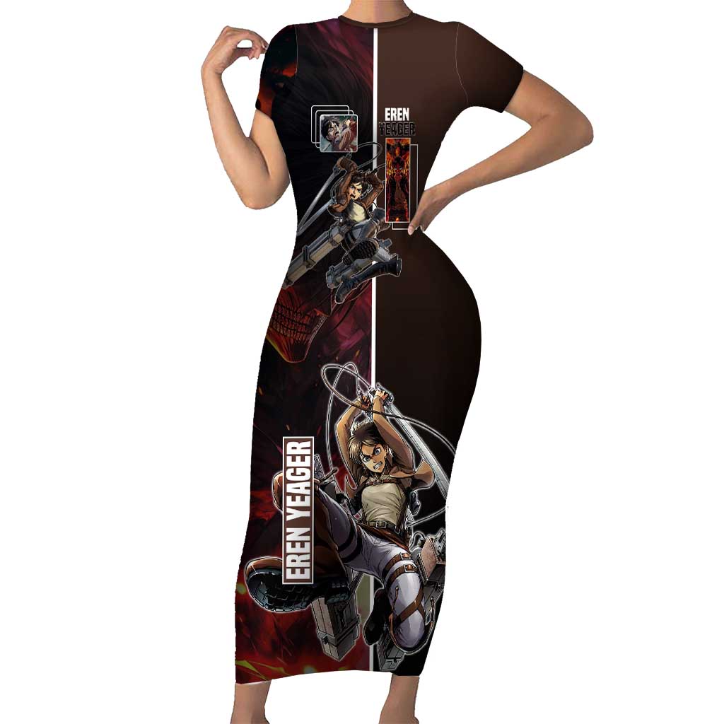 Eren Yeager from Attack on Titan Short Sleeve Bodycon Dress with Action Poses and Fiery Background Design - The Mazicc