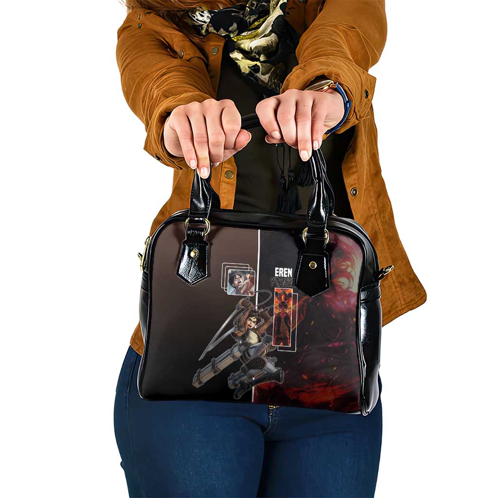 Eren Yeager from Attack on Titan Shoulder Handbag with Action Poses and Fiery Background Design - The Mazicc