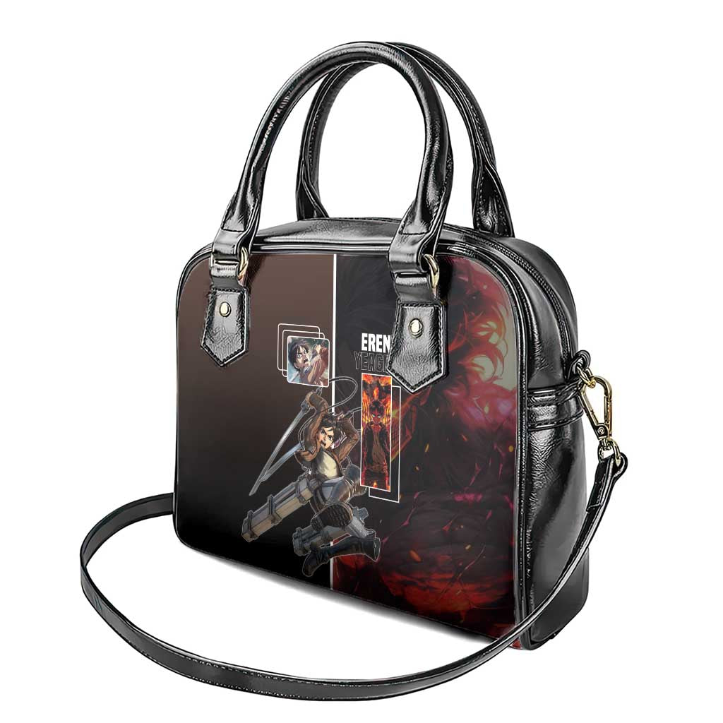 Eren Yeager from Attack on Titan Shoulder Handbag with Action Poses and Fiery Background Design - The Mazicc