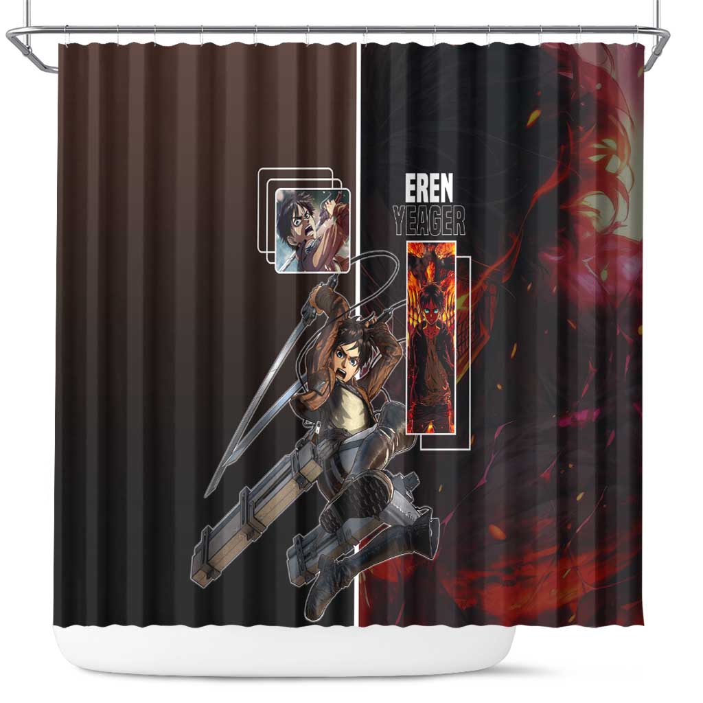 Eren Yeager from Attack on Titan Shower Curtain with Action Poses and Fiery Background Design - The Mazicc