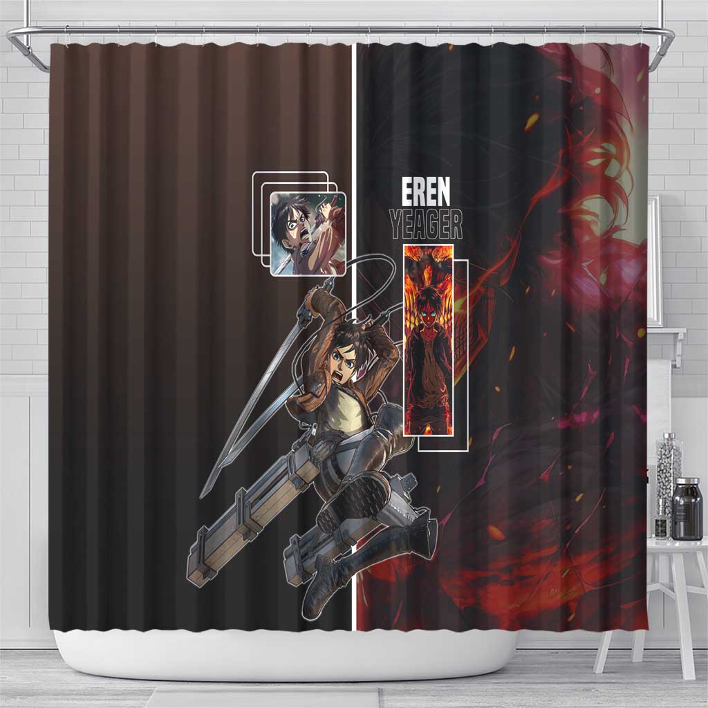 Eren Yeager from Attack on Titan Shower Curtain with Action Poses and Fiery Background Design - The Mazicc